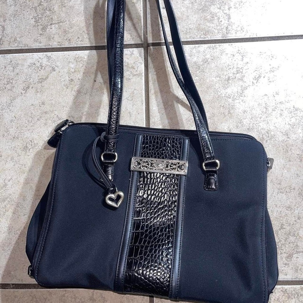 Brighton Black Leather Croc Embossed Handbag Silver Heart Charm C149922